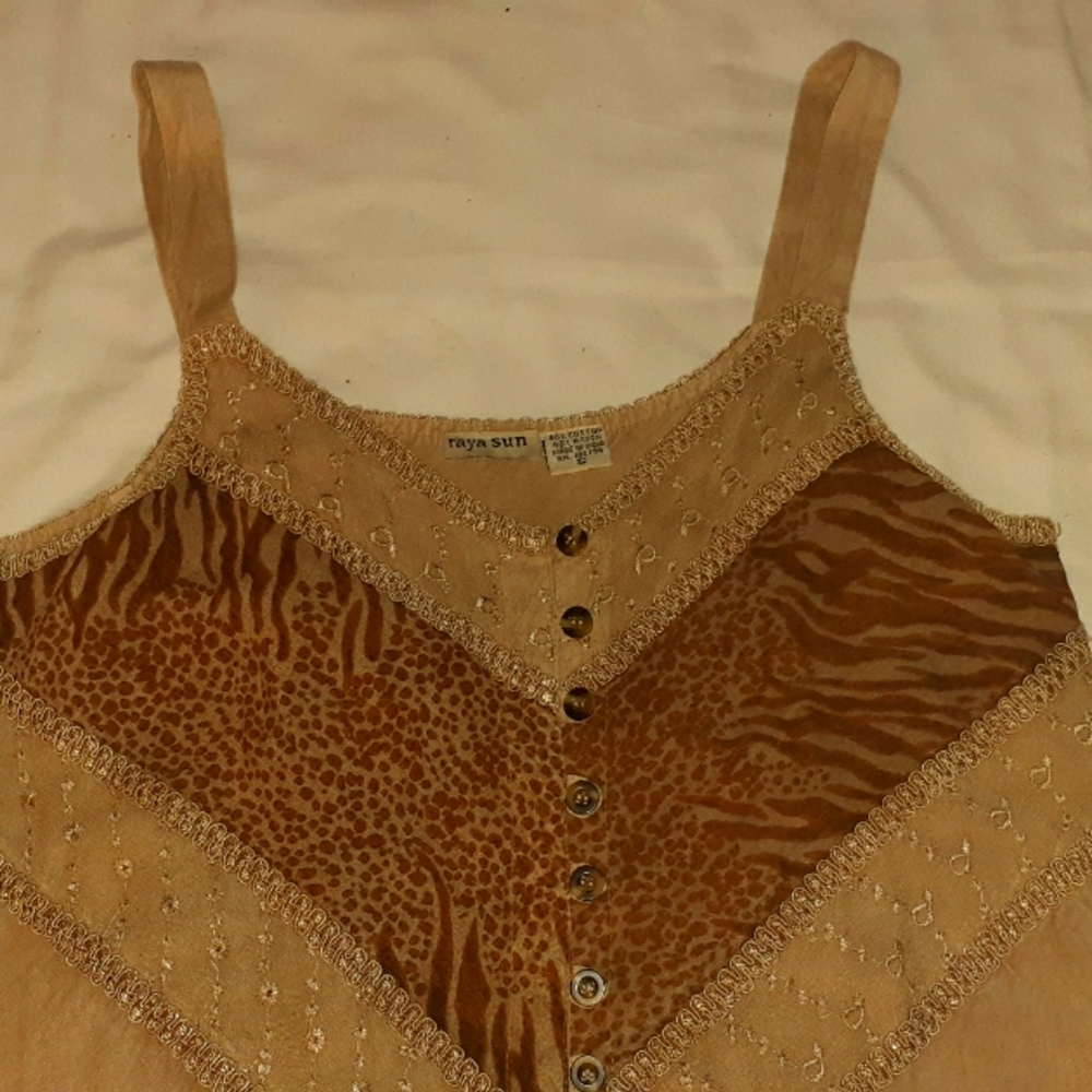Beautiful brown and tan dress, buttons all down the front, embroidery,flattering